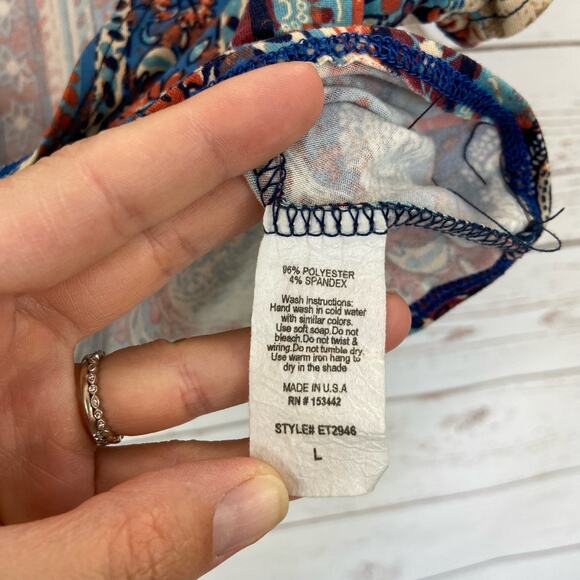 Windsor L Blue Boho Paisley Floral Stripe Tie Up Vneck Short Sleeve Crop Top - Picture 6 of 6